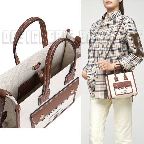 BURBERRY ivory Canvas FREYA Horseferry Logo Leather trim Crossbody Tote Bag NWT - Picture 10 of 11